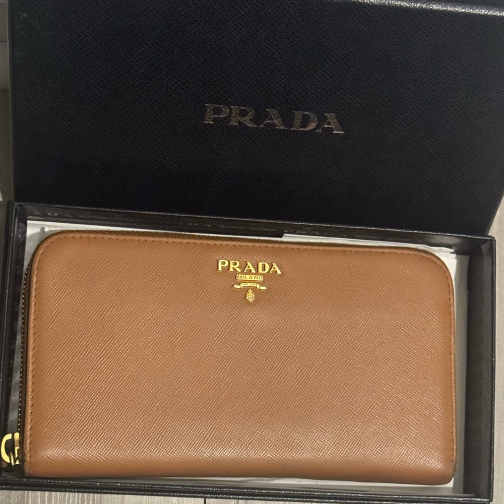 PRADA Brown Saffiano Leather Zip Around Long Wallet
